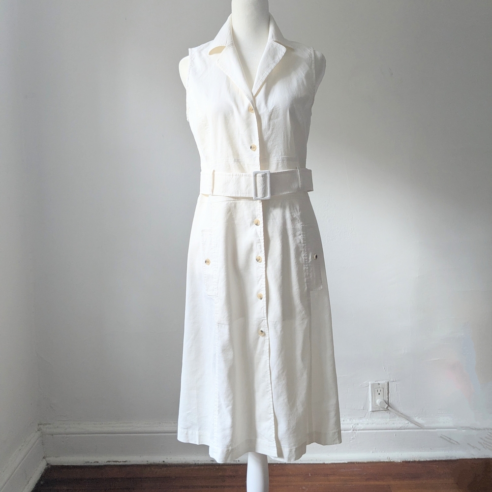 Theory White Belted Linen Blend Sleeveless Button-Down Midi Dress Size 6